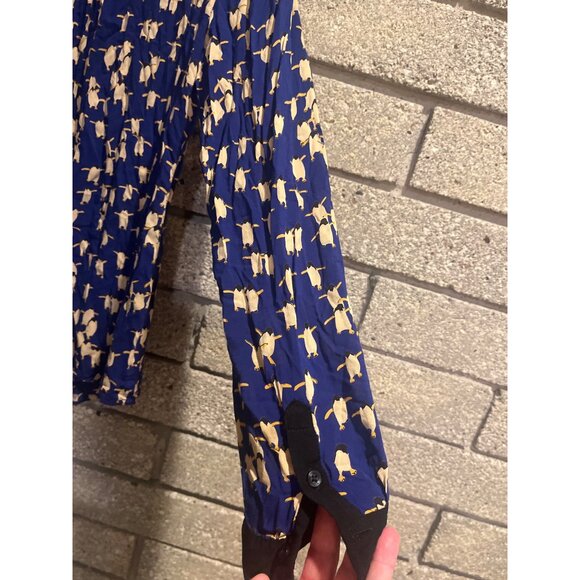 Maeve Penguin Print Button-Up Blouse Size 8 Blue & Beige With Black Accents - Picture 6 of 8